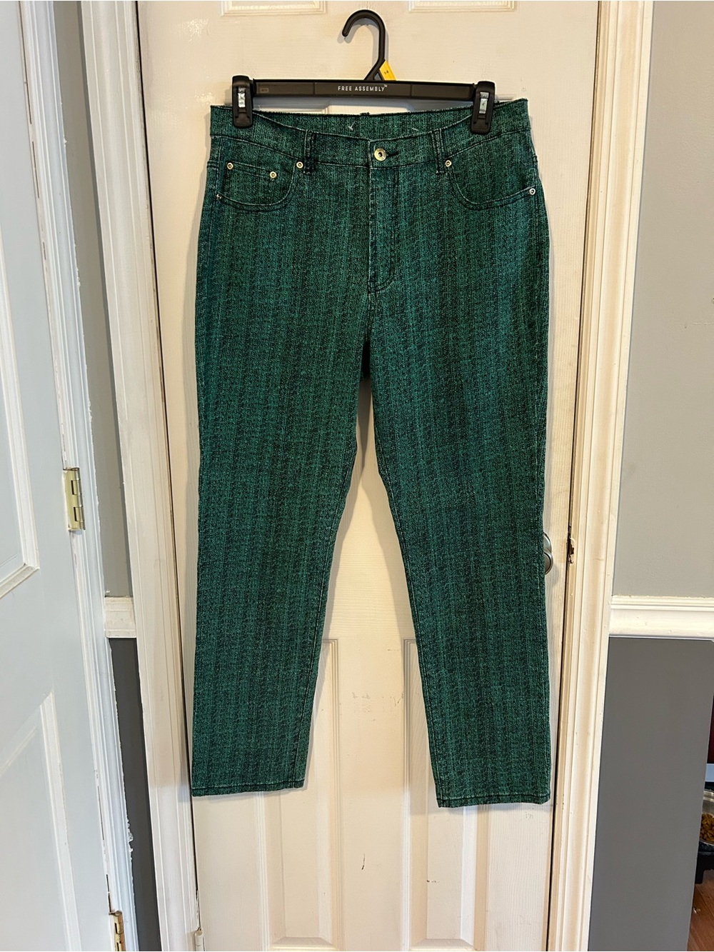 Diane Gilman Teal Straight-Leg Jeans with Green Tweed Print